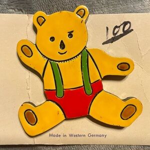 Midcentury Hand-Painted Teddy Bear Pin On Original Card